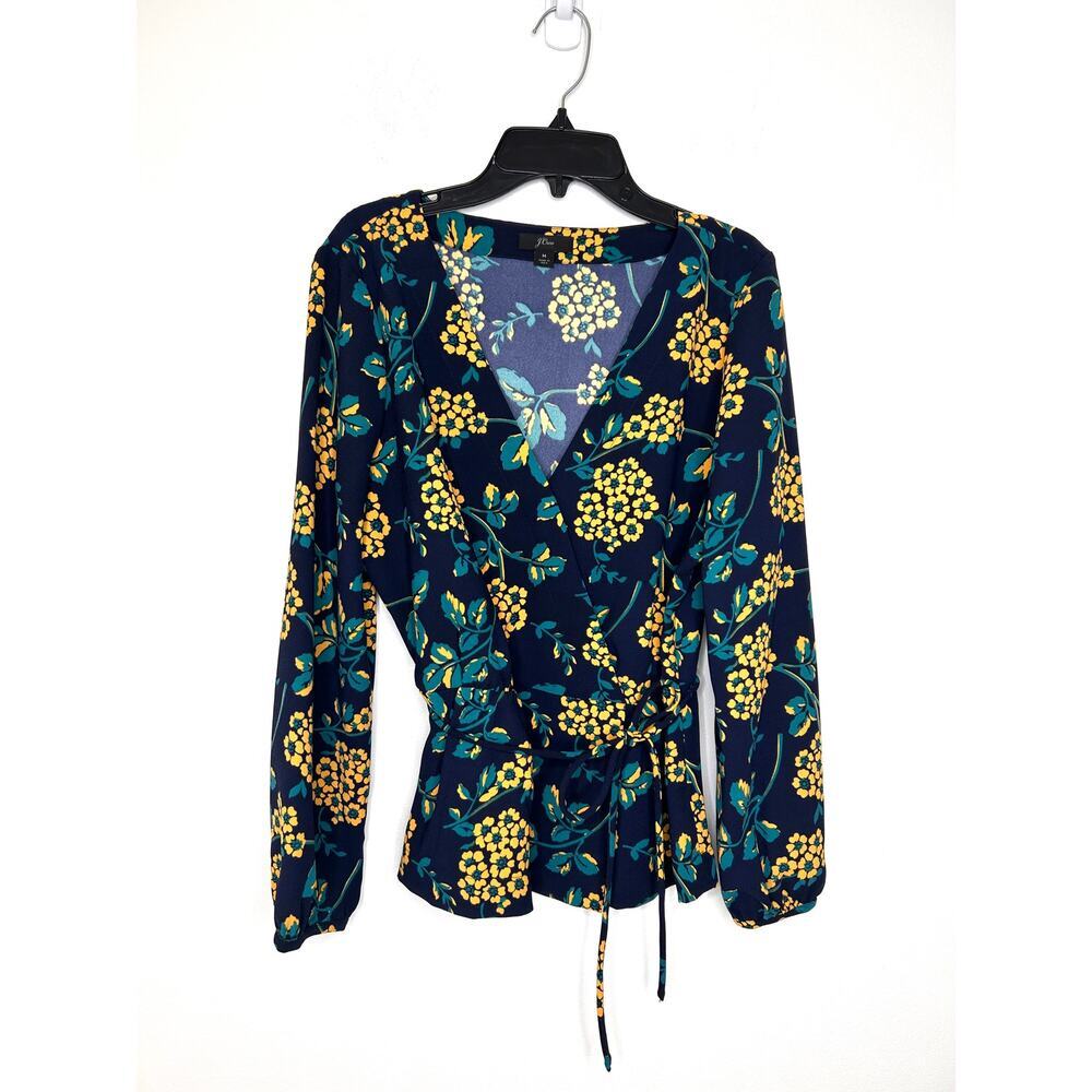 J. Crew Drapey Crepe Wrap Top M Blue Yellow Floral Cottagecore Preppy Office
